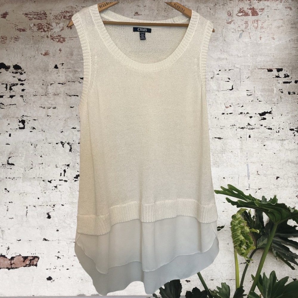 CHAPS White Knit crew neck sweater vest chiffon layer hem XL